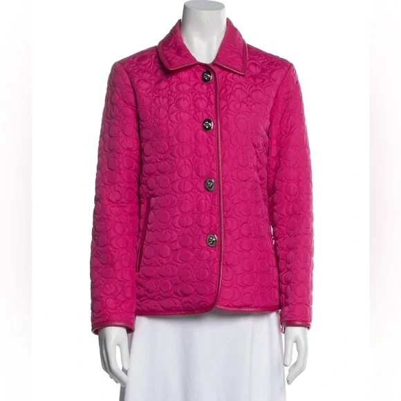 ‼️Coach Pink Logo Quilted Turnlock Leather Trim Jacket - Picture 2 of 7